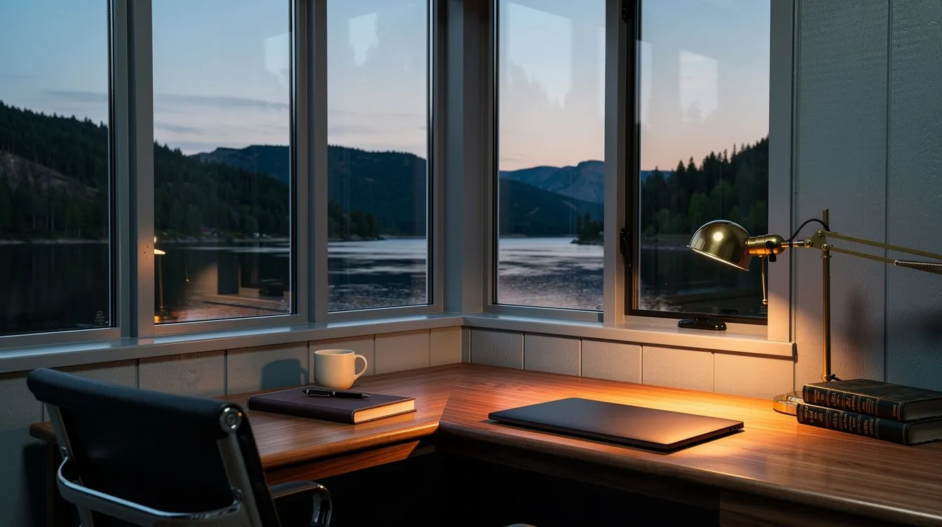 Home office corner desk at dusk with a brass lamp, leather notebook, and laptop, looking out corner windows at Lake Roosevelt and the surrounding pine forest in eastern Washington.
