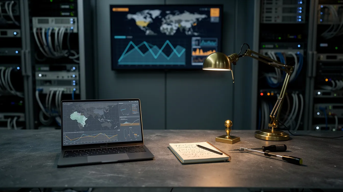 Technical workshop desk at night with a brass lamp, an open laptop showing a dashboard, a wall monitor with charts, and server racks in the background.