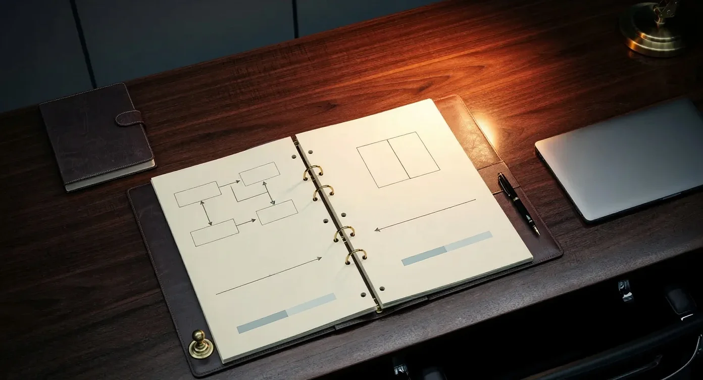 Open assessment binder on a walnut desk under a brass lamp, the binder fanned to show a system architecture diagram on cream paper with the brass binding rings visible at the center.