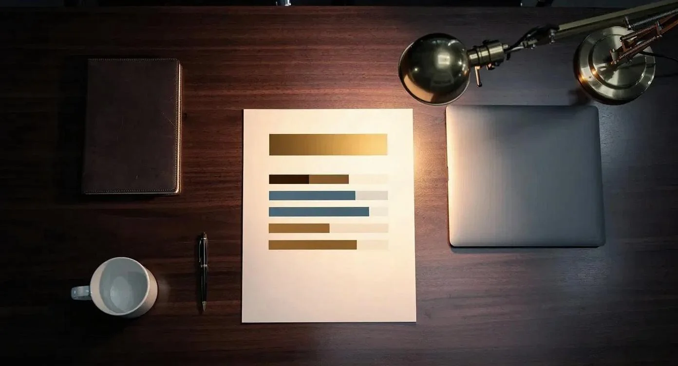 Top-down view of a personalized assessment scorecard on a walnut desk under a brass lamp, the scorecard showing a brass-toned tier rating header and six horizontal dimension score bars in muted brass-amber and cool blue-grey.